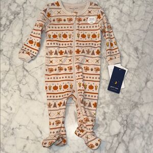 NWT Petit Lem Cream & Orange Fall Thanksgiving Pumpkin Patterned Kids Footie